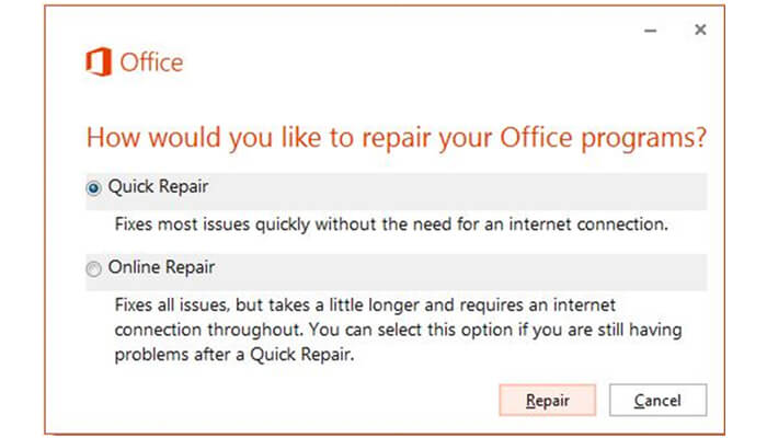 Click on change and select repair microsoft office applications